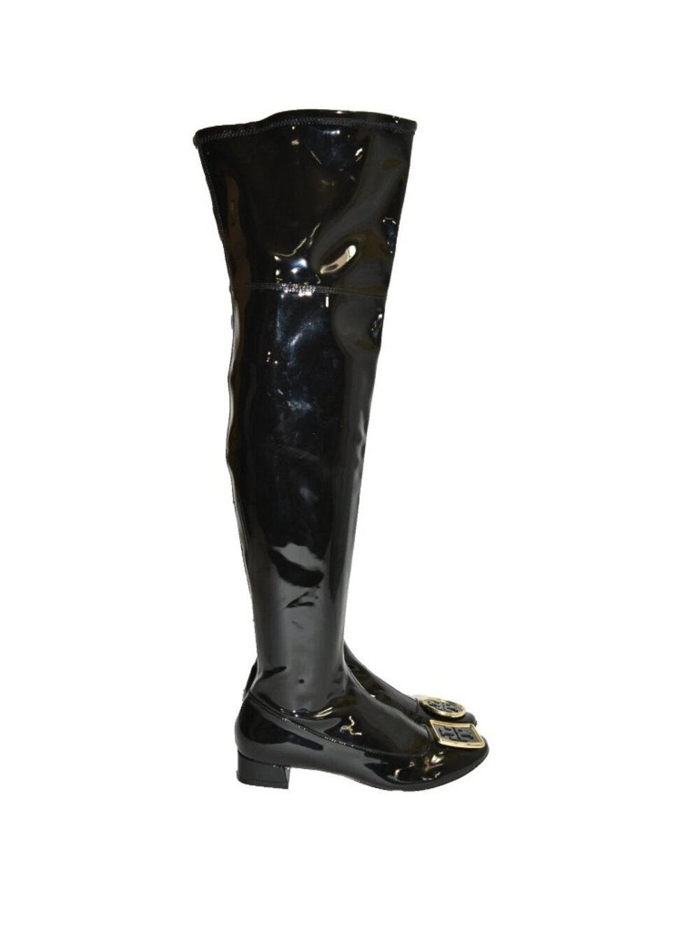 $650 TORY BURCH Over the Knee Boot ZIP PATENT BLACK GOLD LOGO 5 US  (MW1)